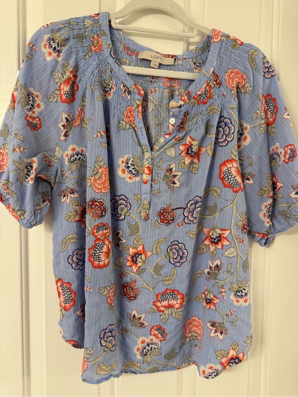 LOFT Light Blue Floral Henley Blouse